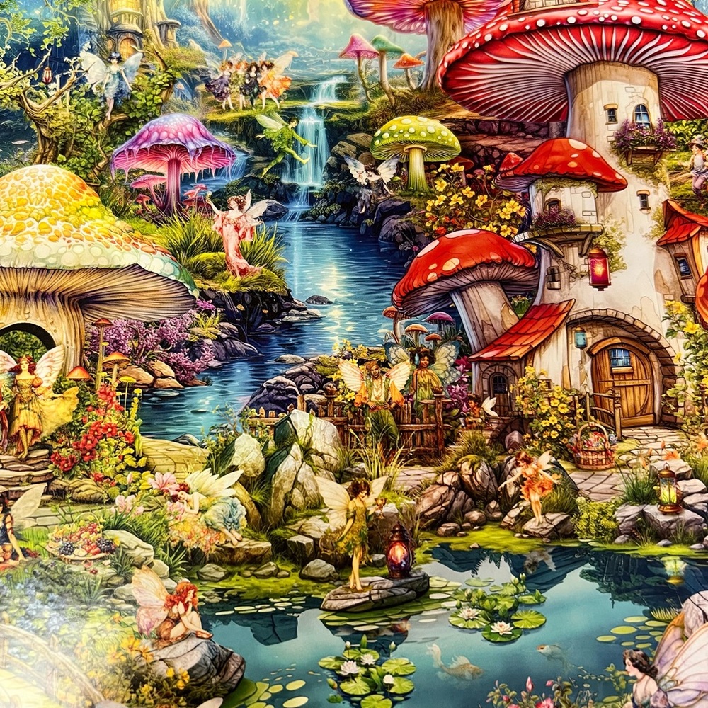 Buffalo Games 2000-Piece Puzzle Vibrant Fantasy Merry Mushroom Village Picnic - Picture 3 of 7
